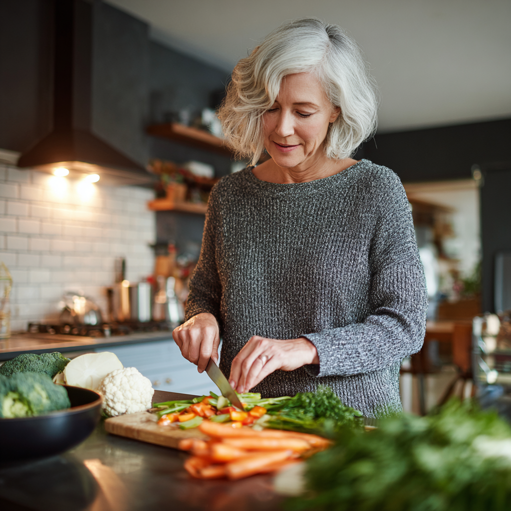 Mature woman preparing healthy balanced meal in modern kitchen