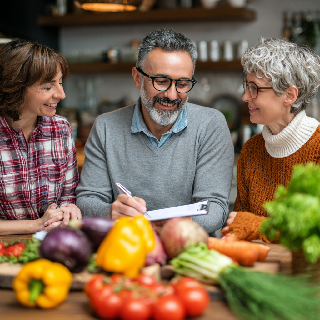 Nutritionist consulting with middle-aged couple about healthy meal planning